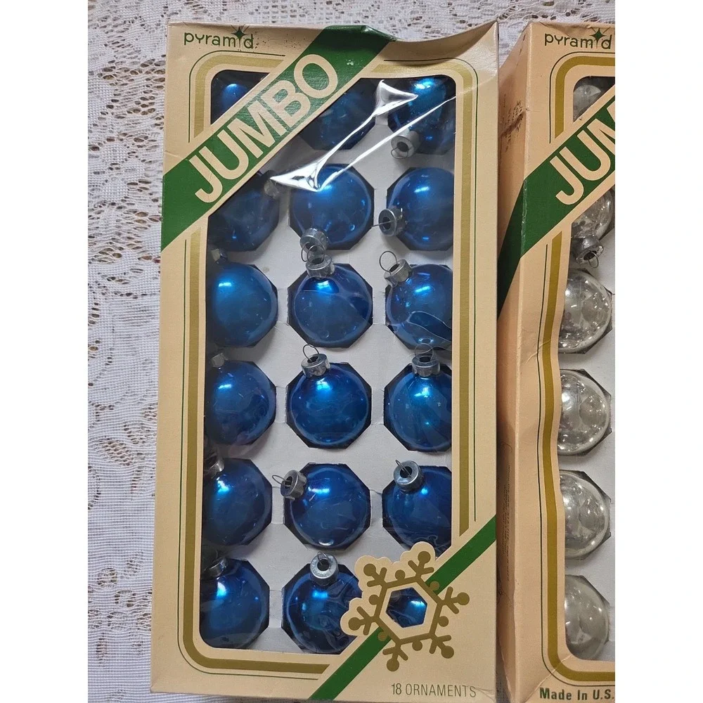 2 Pkgs Pyramid Glass Christmas Ornaments Blue & Silver 18 of Each Vintage Decor